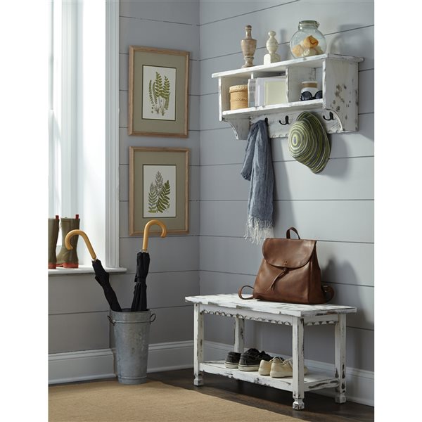 Alaterre Country Cottage Antique White 4-Hook Hook Rack with Storage and Bench