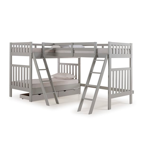 Alaterre Aurora Dove Grey Twin over Twin Bunk Bed with Third Bunk Bed Extention and Integrated Storage