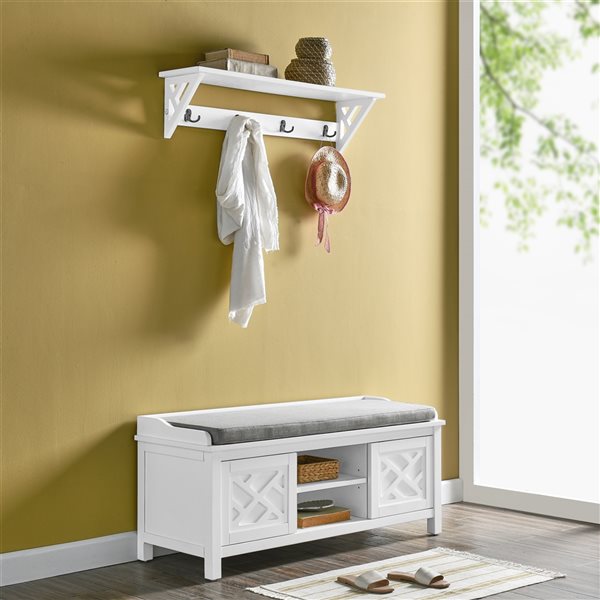 Alaterre Coventry White 4-Hook Hook Rack with Shelf and Storage Bench