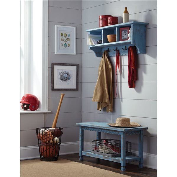 Alaterre Country Cottage Antique Blue 4-Hook Hook Rack with Storage and Bench