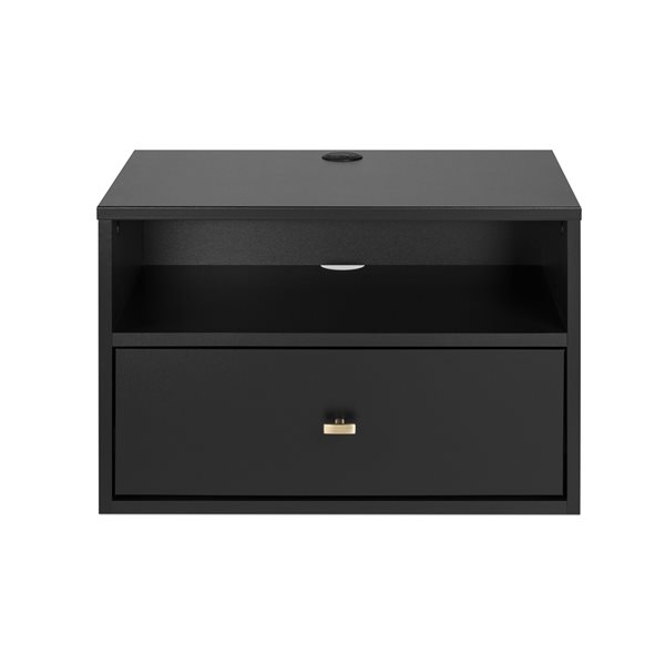 Table de chevet en pin noir par Prepac avec tablette ouverte