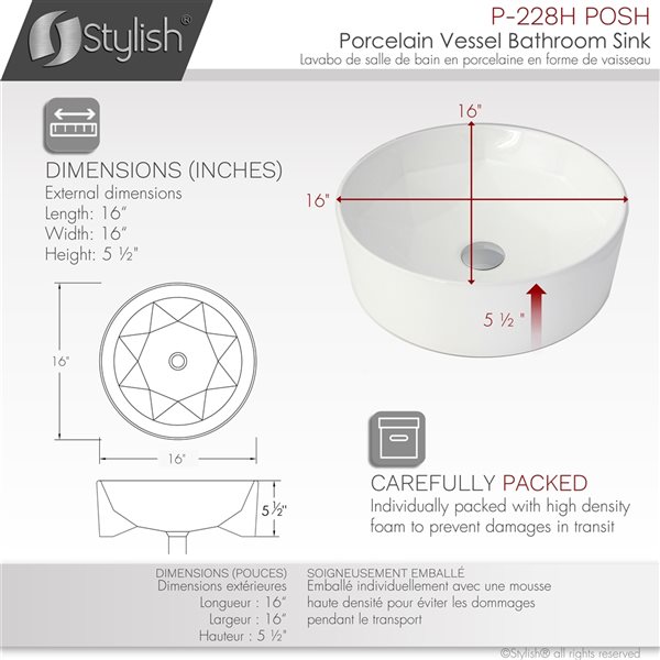 Vasque ronde de salle de bains en porcelaine blanche Posh par Stylish de 16 po x 16 po