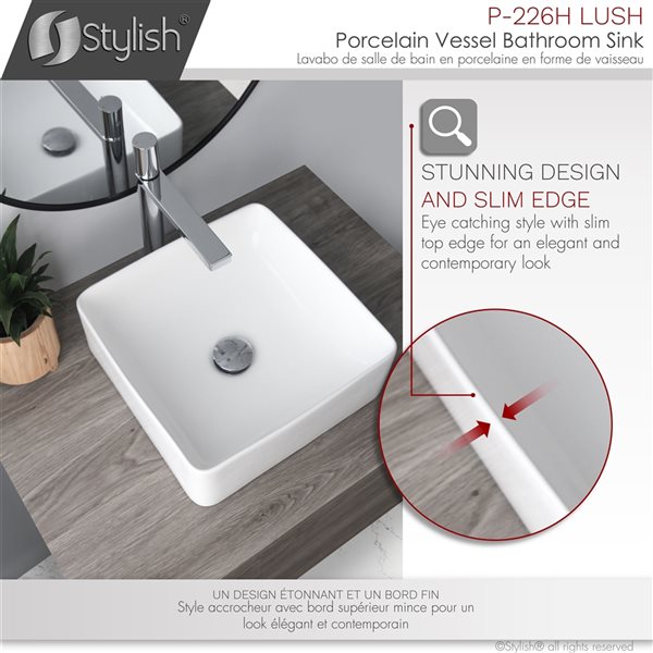 Vasque carrée de salle de bains en porcelaine blanche Lush par Stylish de 14,5 po x 14,5 po