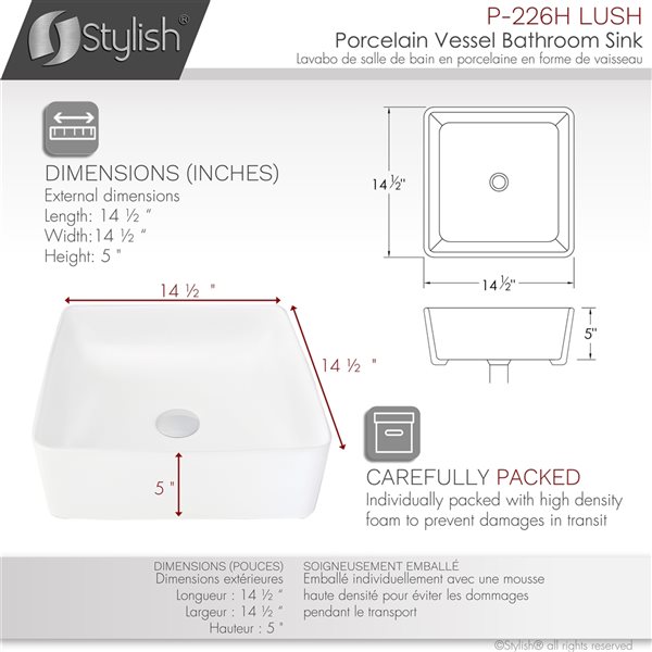 Vasque carrée de salle de bains en porcelaine blanche Lush par Stylish de 14,5 po x 14,5 po