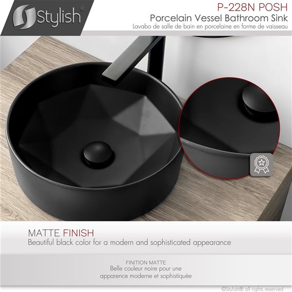 Vasque ronde de salle de bains en porcelaine noire Posh par Stylish de 16 po x 16 po