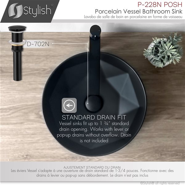 Vasque ronde de salle de bains en porcelaine noire Posh par Stylish de 16 po x 16 po