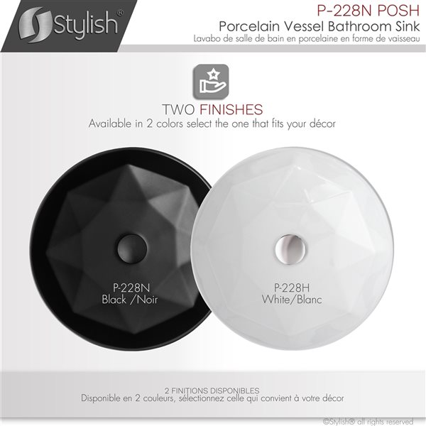 Vasque ronde de salle de bains en porcelaine noire Posh par Stylish de 16 po x 16 po