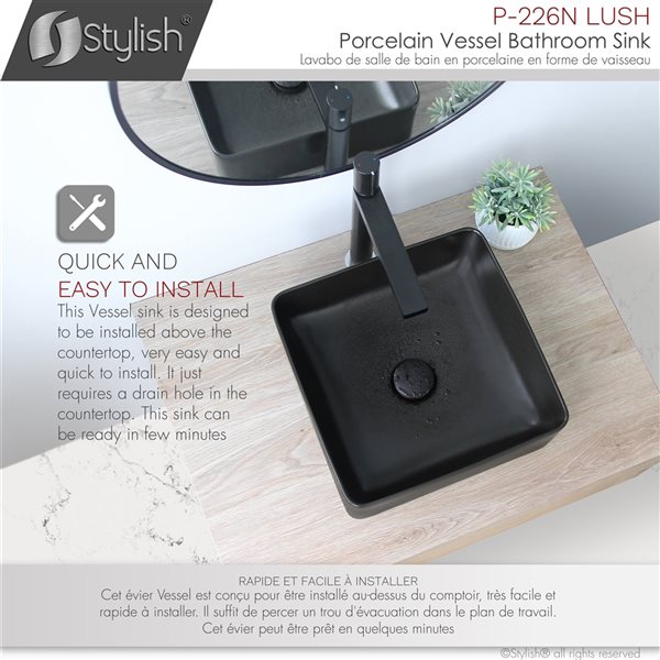 Vasque carrée de salle de bains en porcelaine noire Lush par Stylish de 14,5 po x 14,5 po