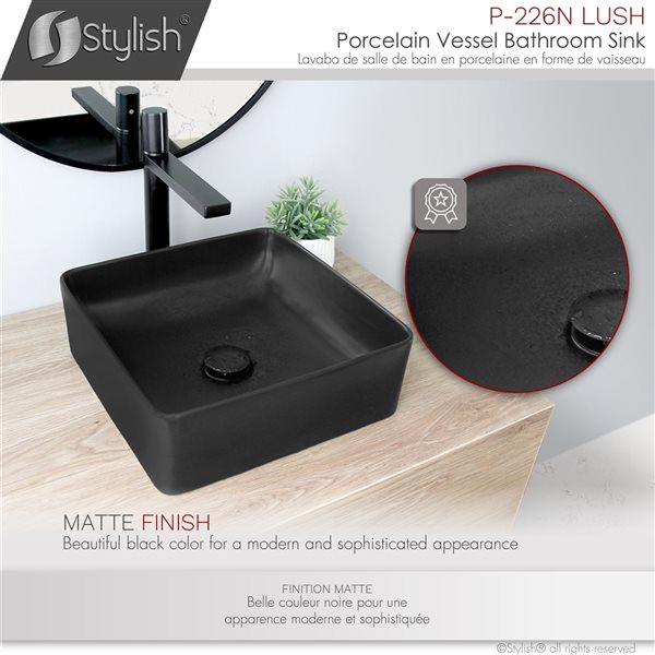 Vasque carrée de salle de bains en porcelaine noire Lush par Stylish de 14,5 po x 14,5 po