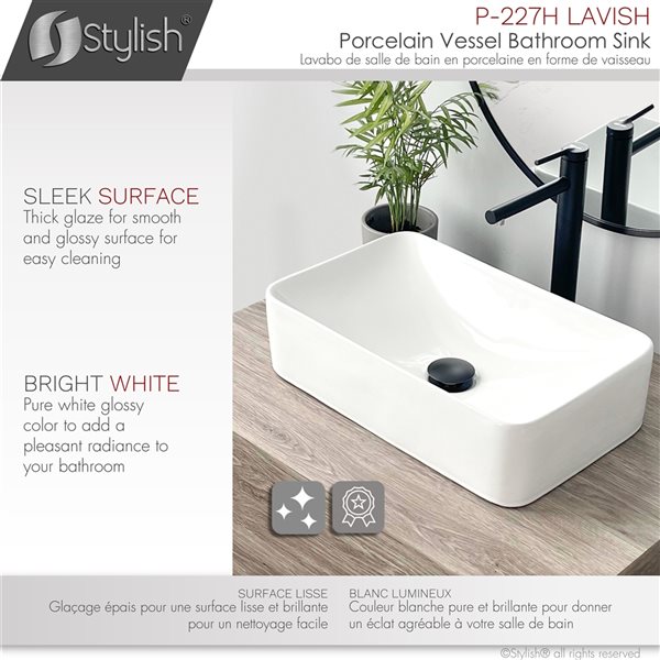 Vasque carrée de salle de bains en porcelaine blanche Lavish par Sylish de 19 po x 11,5 po