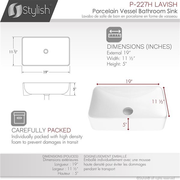 Vasque carrée de salle de bains en porcelaine blanche Lavish par Sylish de 19 po x 11,5 po