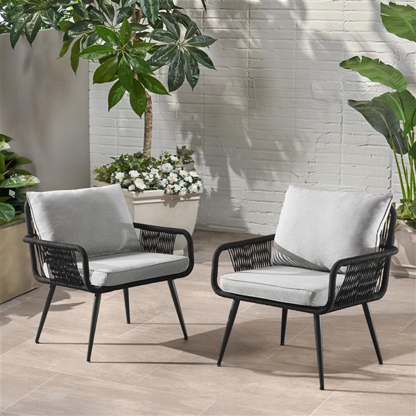 Alaterre Andover Black Metal Stationary Conversation Chairs with Grey Cushioned Seat - Set of 2