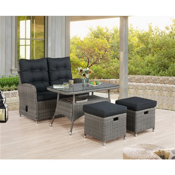 Monaco All-Weather Set w/ 2-Seat Reclining Bench, Cocktail Table & 2 Ottomans