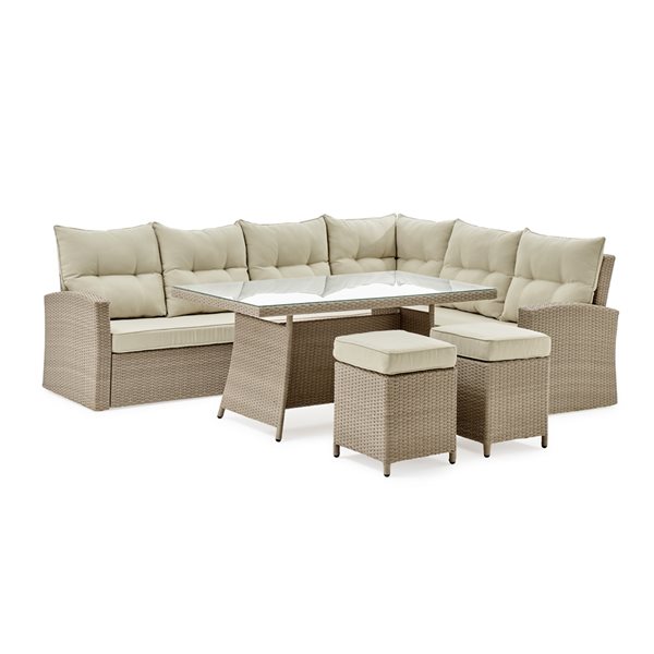 Patio Set Rona Alaterre Canaan Off-White Frame Patio Dining Set with Tan Cushions ...