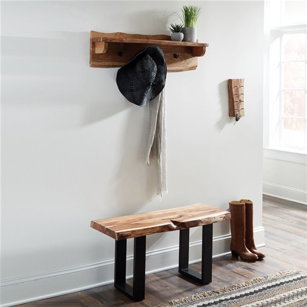 Alaterre Alpine Rustic Natural 4-Hook Hook Rack with Shelf and Bench