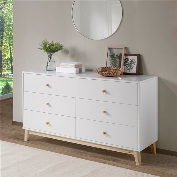 Alaterre MOD White and Natural Pine 6-Drawer Double Dresser