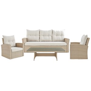 Alaterre Canaan Off-White Frame Patio Dining Set with Coffee Table and Tan Cushions Included - 4-Piece
