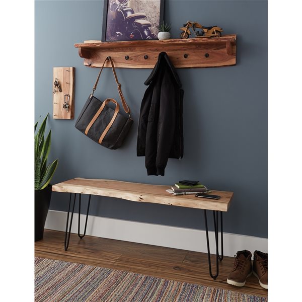 Alaterre Hairpin Rustic Natural 6-Hook Hook Rack with Shelf and Bench