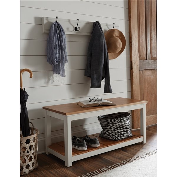Alaterre Savannah White and Brown 4-Hook Hook Rack and Bench