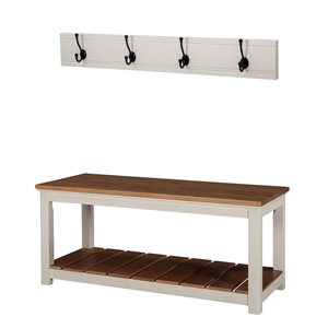 Alaterre Savannah White and Brown 4-Hook Hook Rack and Bench