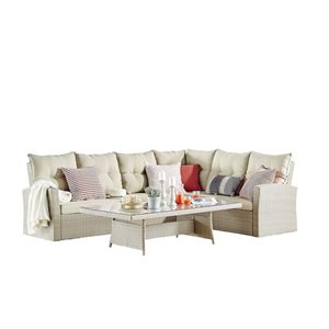 Alaterre Canaan Wicker Outdoor Corner Sofa and Coffee Table with Cushions and Off-White Aluminum Frame