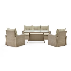 Alaterre Canaan Off-White Frame Patio Dining Set with Cocktail Table and Tan Cushions Included - 4-Piece