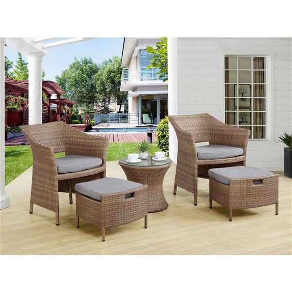 Kokoli All-Weather Conversation Set w/ 2 Chairs, Ottomans & Accent Table