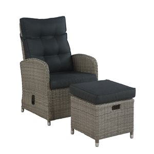 Alaterre Monaco Grey Wicker Metal Stationary Recliner Chair and Ottoman with Black Cushioned Seat