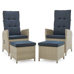 Alaterre Haven Beige Wicker Metal Stationary Recliner Chair and Ottoman with Grey Cushioned Seat