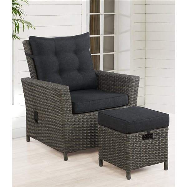 Alaterre Asti Grey Wicker Metal Stationary Recliner Chair and Ottoman with Dark Grey Cushioned Seat