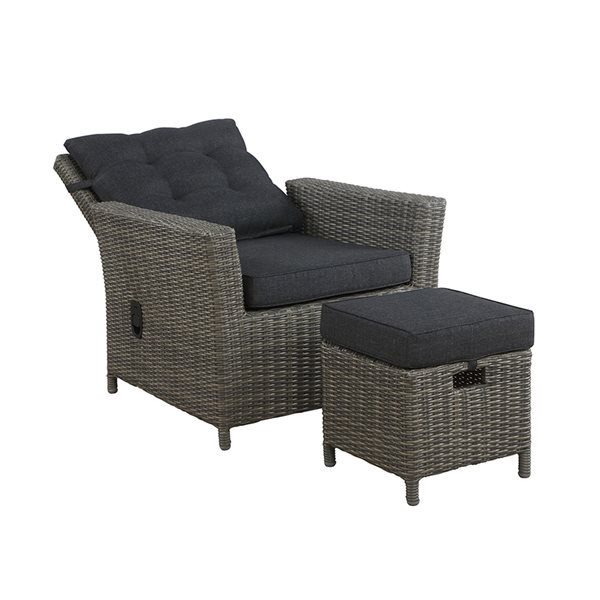 Alaterre Asti Grey Wicker Metal Stationary Recliner Chair and Ottoman with Dark Grey Cushioned Seat