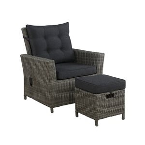 Alaterre Asti Grey Wicker Metal Stationary Recliner Chair and Ottoman with Dark Grey Cushioned Seat