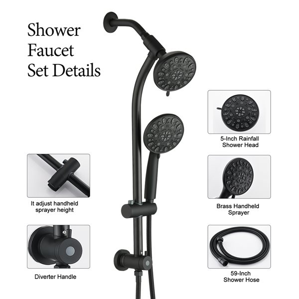 Dornberg Matte Black 1Spray 2.5 GPM (9.5 LPM) Shower Head and Handheld Shower Combo with Slide