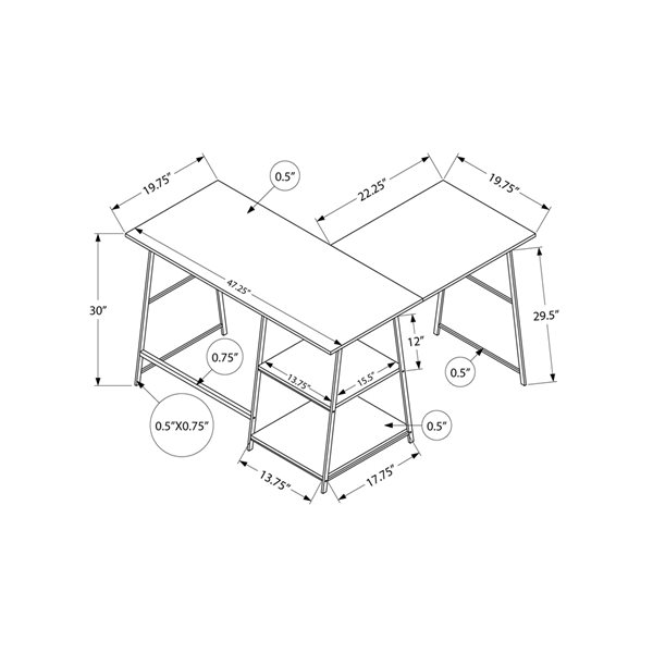 Bureau en coin moderne/contemporain Monarch Specialties de 47,25 po en composite blanc