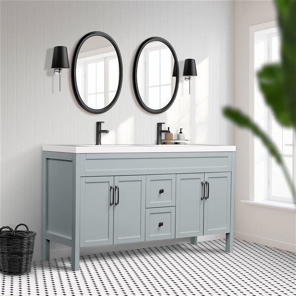 Luxo Marbre Nord 60.25in Matte Grey Double Sink Bathroom Vanity with White Synthetic Marble Top