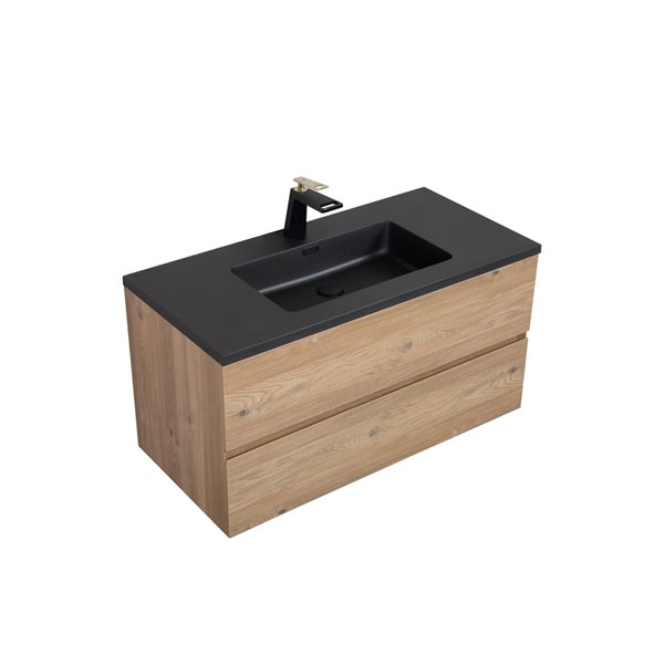 GEF Sadie 40-in Rough Oak Single Sink Bathroom Vanity with Black Engineered Quartz Top