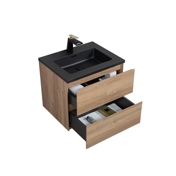 GEF Sadie 24-in Rough Oak Single Sink Bathroom Vanity with Black Engineered Quartz Top