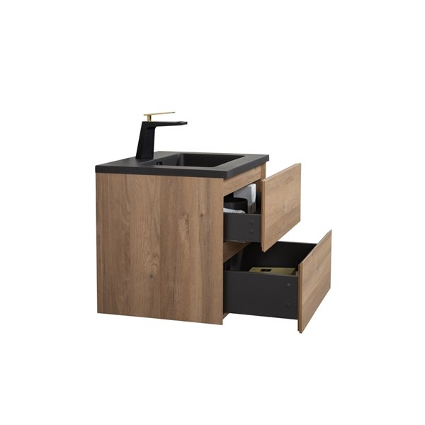 GEF Sadie 24-in Rough Oak Single Sink Bathroom Vanity with Black Engineered Quartz Top