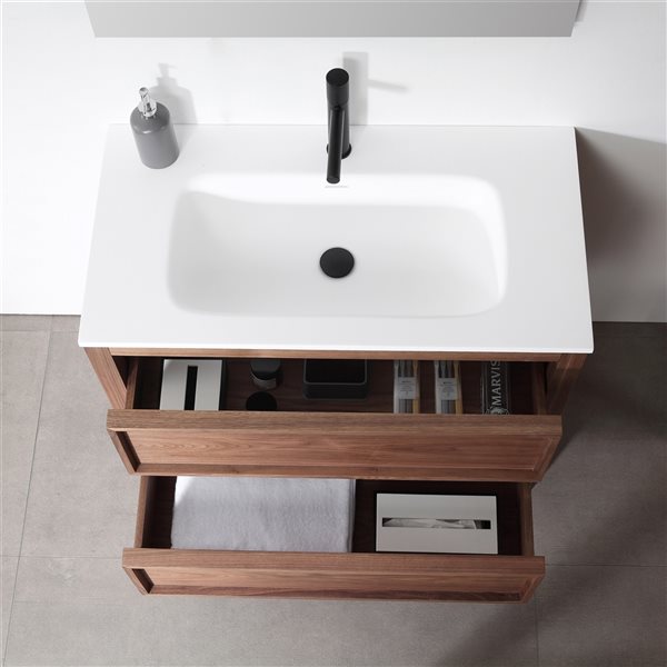 Meuble-lavabo simple noyer avec comptoir en surface solide blanche Vanessa par GEF de 36 po