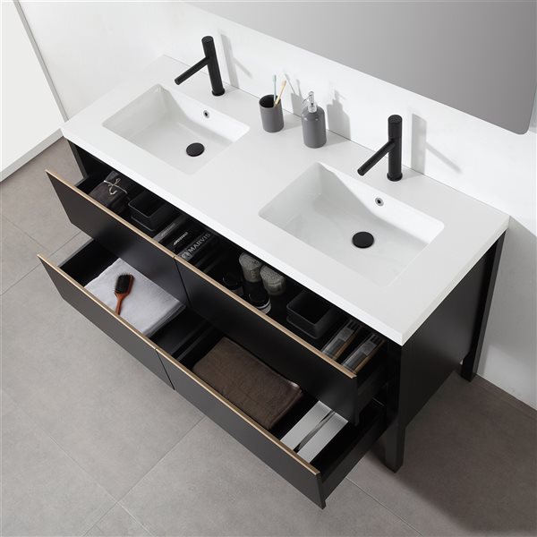 GEF Sloane 60-in Black Double Sink Bathroom Vanity with White Quartz ...