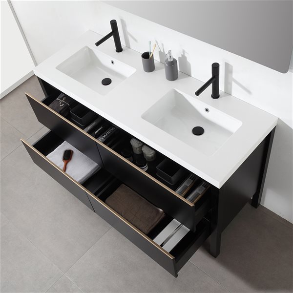 GEF Sloane 60-in Black Double Sink Bathroom Vanity with White Quartz Top