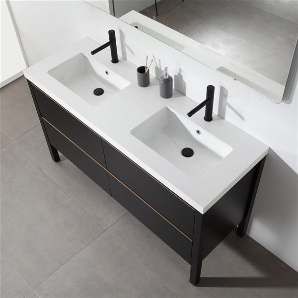 GEF Sloane 60-in Black Double Sink Bathroom Vanity with White Quartz Top