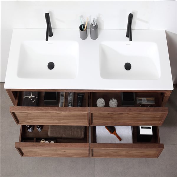 GEF Vanessa 60-in Walnut Double Sink Bathroom Vanity with White Solid Surface Top