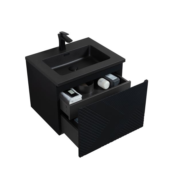 Meuble-lavabo simple noir mat Rylee par GEF de 24 po avec comptoir en composite de quartz noir