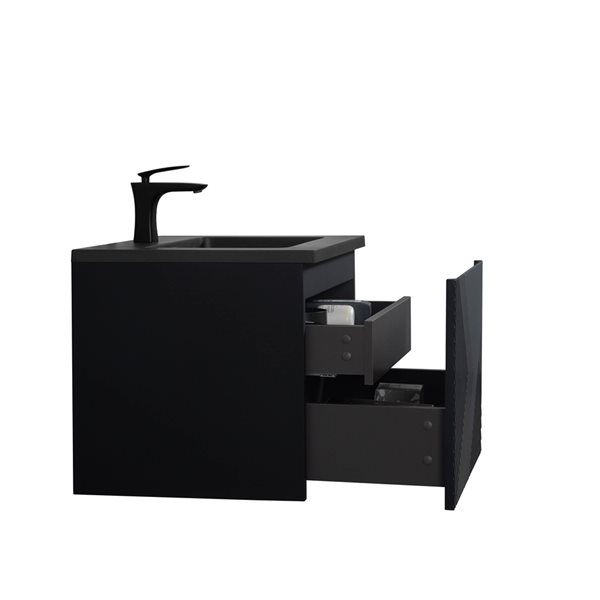 Meuble-lavabo simple noir mat Rylee par GEF de 24 po avec comptoir en composite de quartz noir