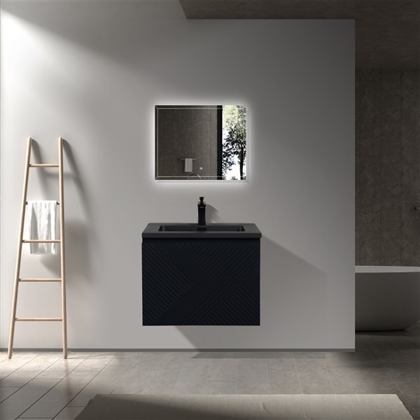 Meuble-lavabo simple noir mat Rylee par GEF de 24 po avec comptoir en composite de quartz noir