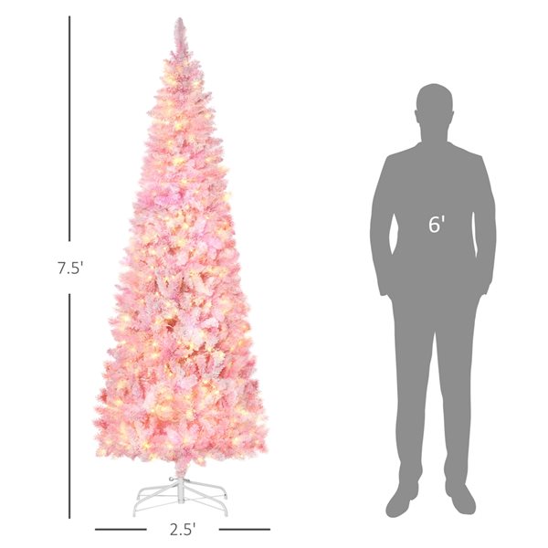 Sapin de Noël artificiel rose enneigé sur pieds avec lumière DEL par HomCom de 7,5 pi