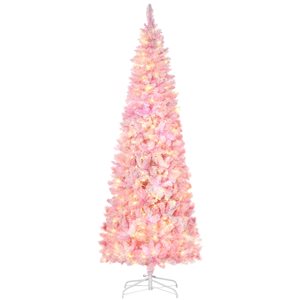 Sapin de Noël artificiel rose enneigé sur pieds avec lumière DEL par HomCom de 7,5 pi