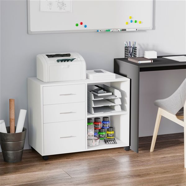 HomCom White 3-Drawer File Cabinet with Casters and Storage