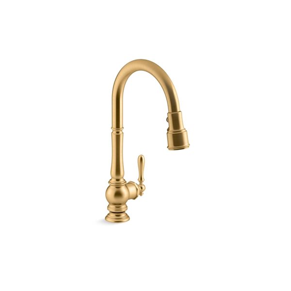 KOHLER Artifacts Vibrant Brushed Modern Brass Single-Hole Kitchen Faucet with Pull-Down Spout and Turned Lever Handle
